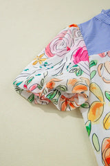 Floral Striped Yoke Frilled Tie Neck Puff Short Sleeve Blouse - Trendsi - Flyclothing LLC