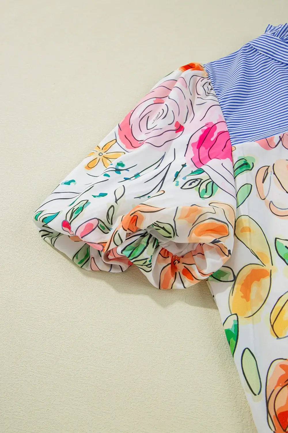Floral Striped Yoke Frilled Tie Neck Puff Short Sleeve Blouse - Trendsi - Flyclothing LLC