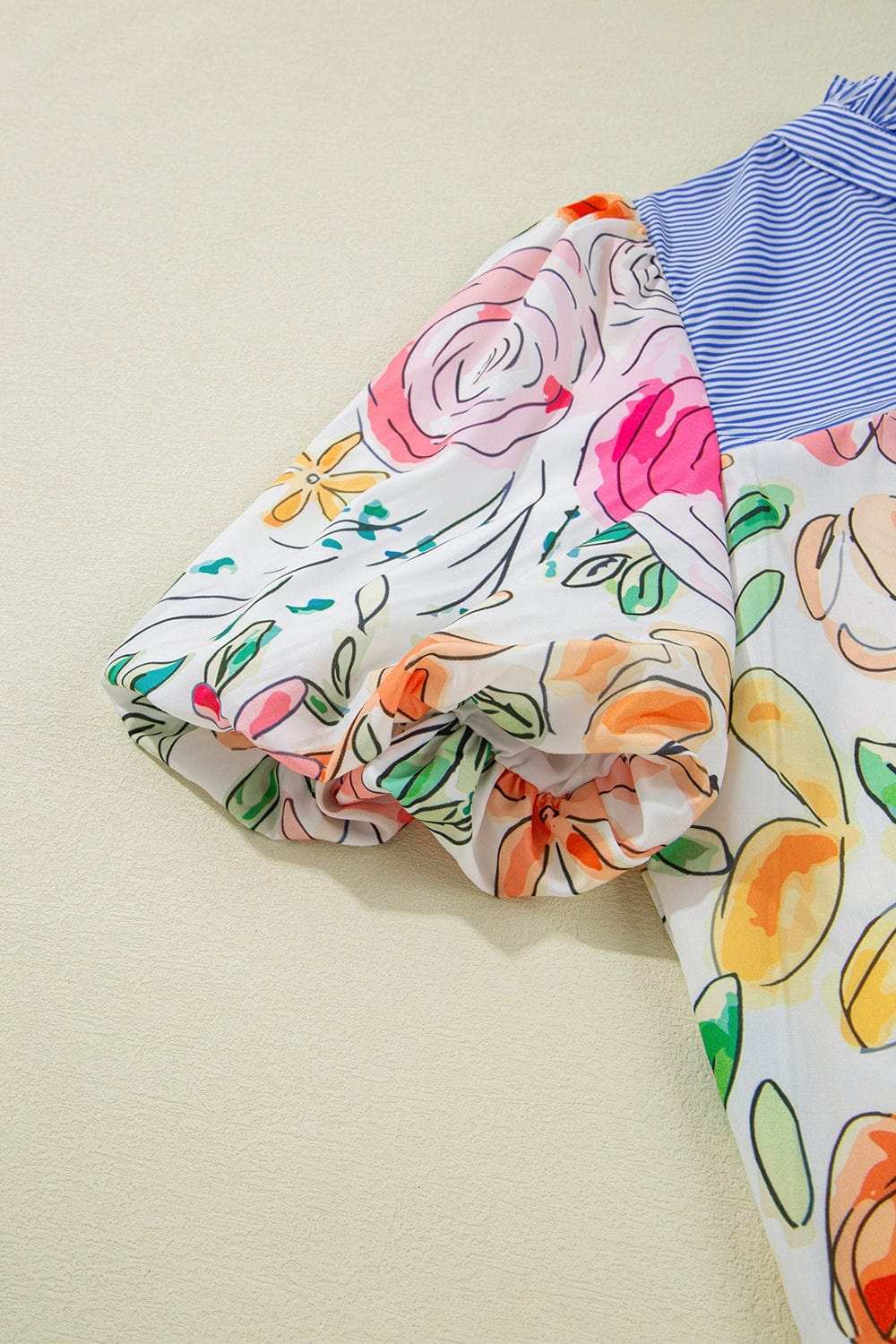 Floral Striped Yoke Frilled Tie Neck Puff Short Sleeve Blouse - Trendsi - Flyclothing LLC