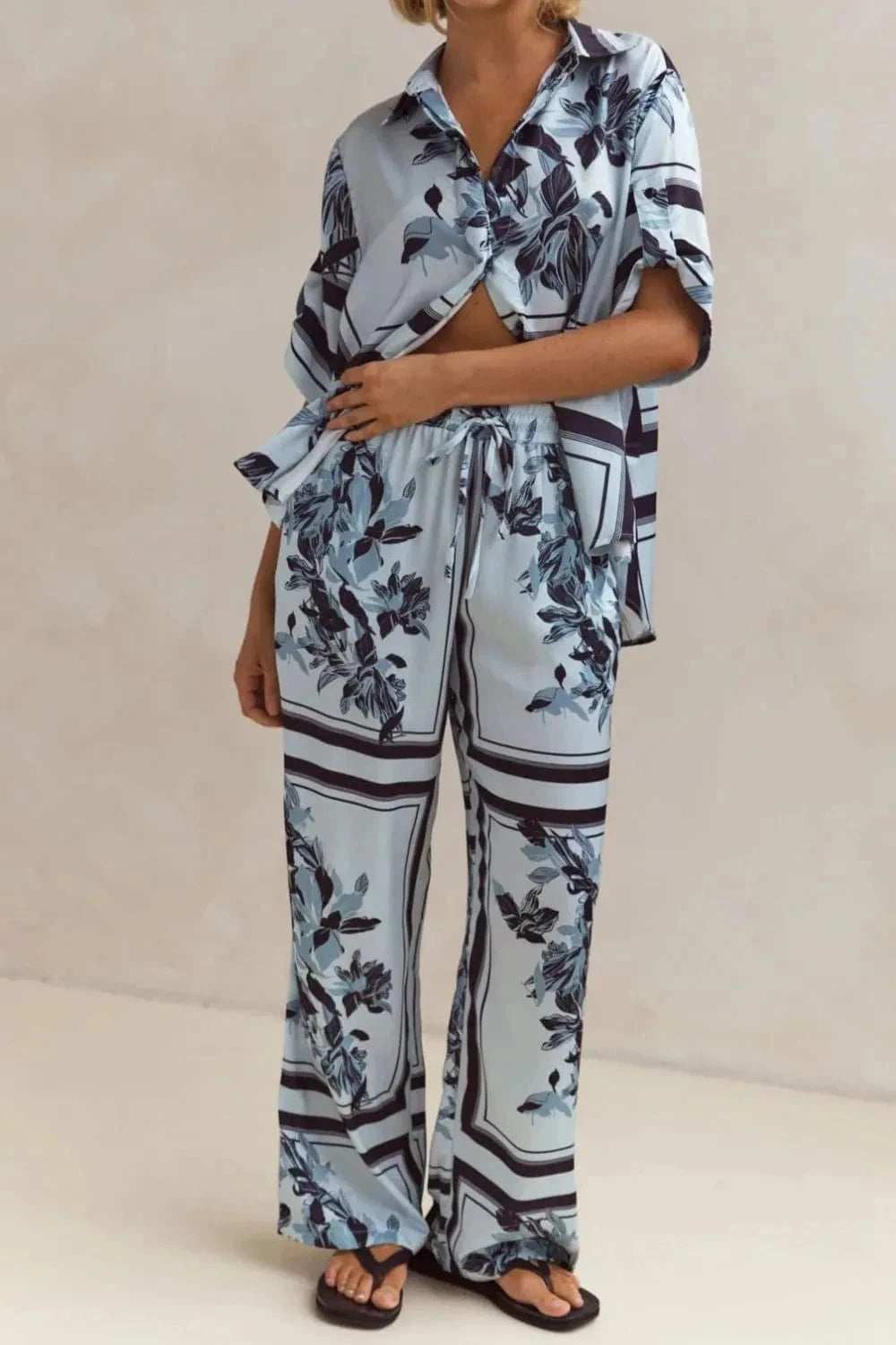 Printed Button Up Shirt and Pants Set - Trendsi - Flyclothing LLC