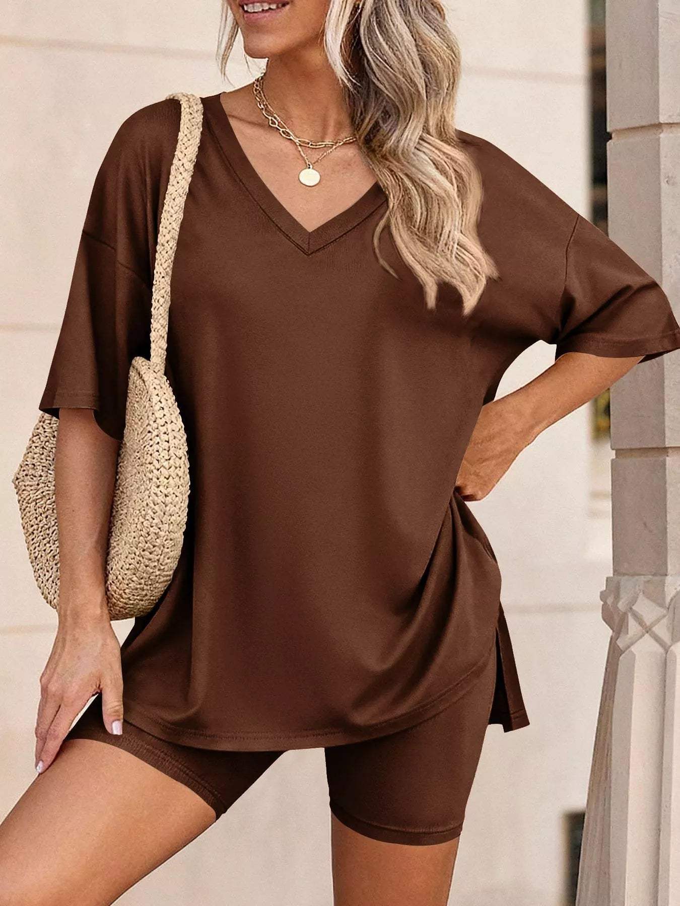 Full Size Casual Loose V-Neck T-Shirt & Shorts Set Plus Size - Trendsi - Flyclothing LLC