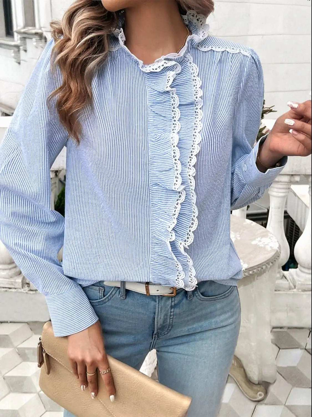 Lace Detail Ruffled Round Neck Long Sleeve Shirt - Trendsi - Flyclothing LLC