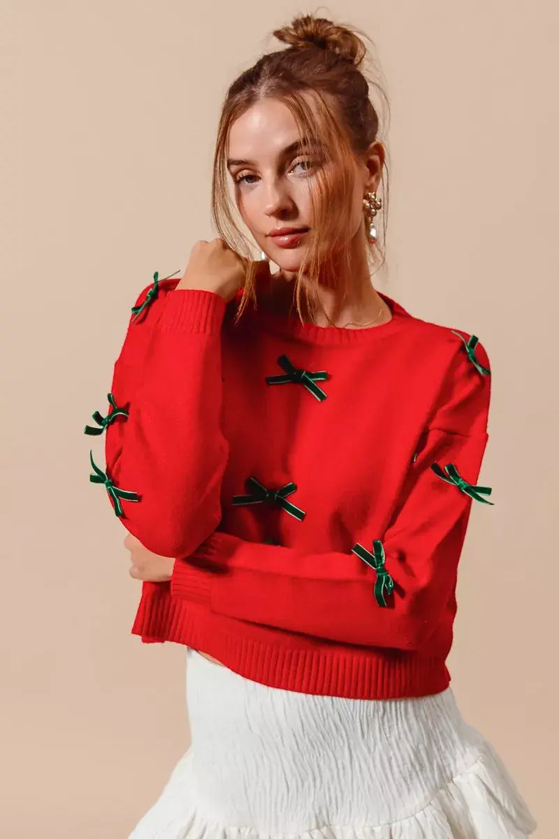 SO ME Ribbon Bow Applique Sweater - Trendsi - Flyclothing LLC