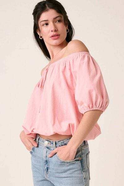 Mittoshop Linen Two-Way Short Sleeve Crop Blouse - Trendsi - Flyclothing LLC