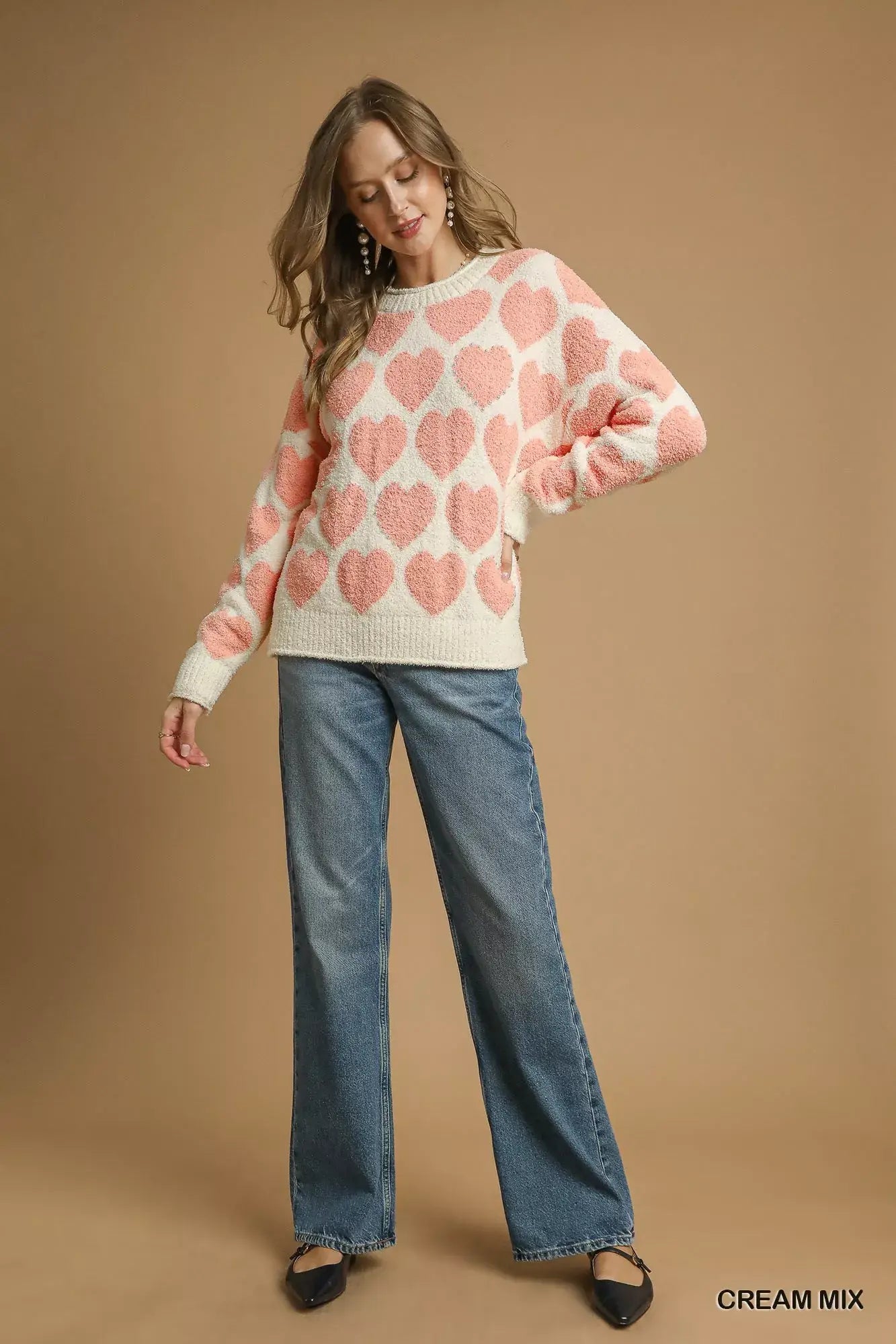 Umgee Mix Heart Pattern Pearl Accent Sweater - Trendsi - Flyclothing LLC