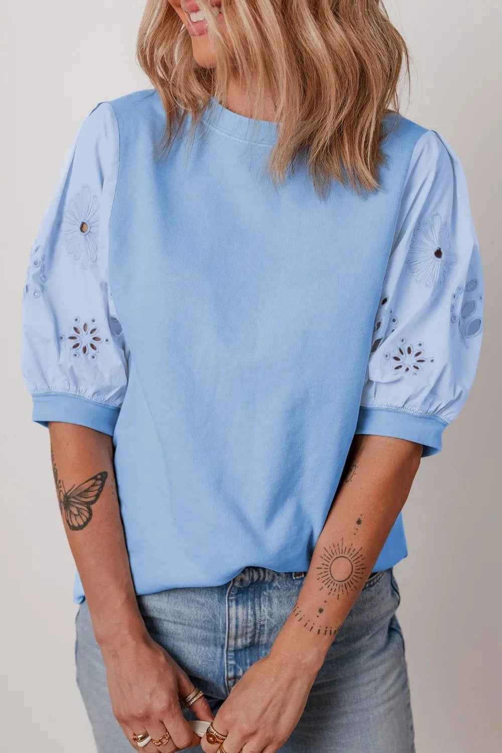 Eyelet Flower Embroidered Puff Short Sleeve Patchwork Crew Neck Blouse - Trendsi