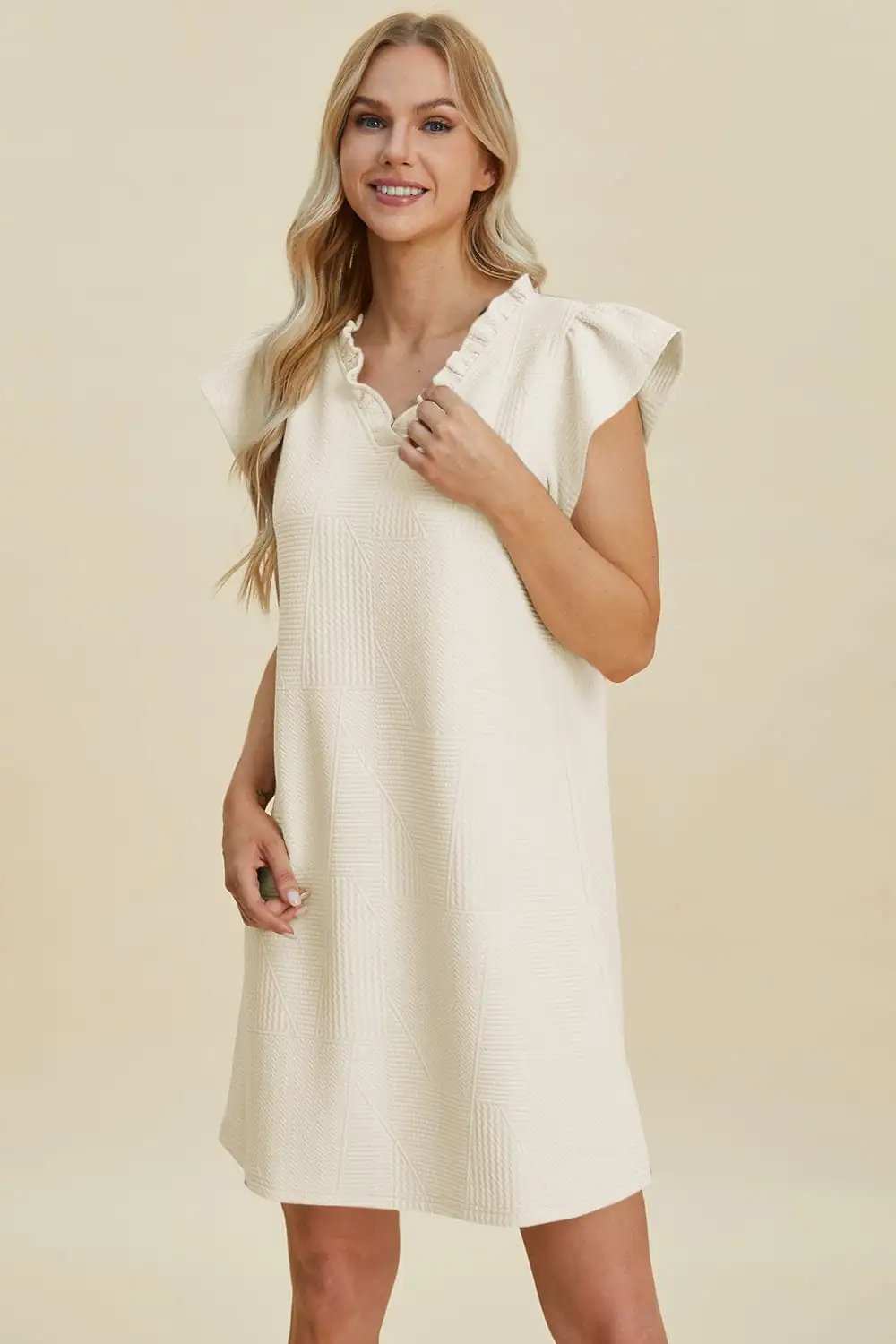 Double Take Full Size Ruffled V-Neck Cap Sleeve Dress - Trendsi - Flyclothing LLC