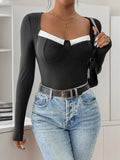 Perfee Ribbed Contrast Long Sleeve Bodysuit - Trendsi