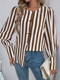 Perfee Striped Round Neck Long Sleeve Blouse - Trendsi