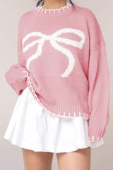 Bow Graphic Round Neck Long Sleeve Sweater - Trendsi - Flyclothing LLC