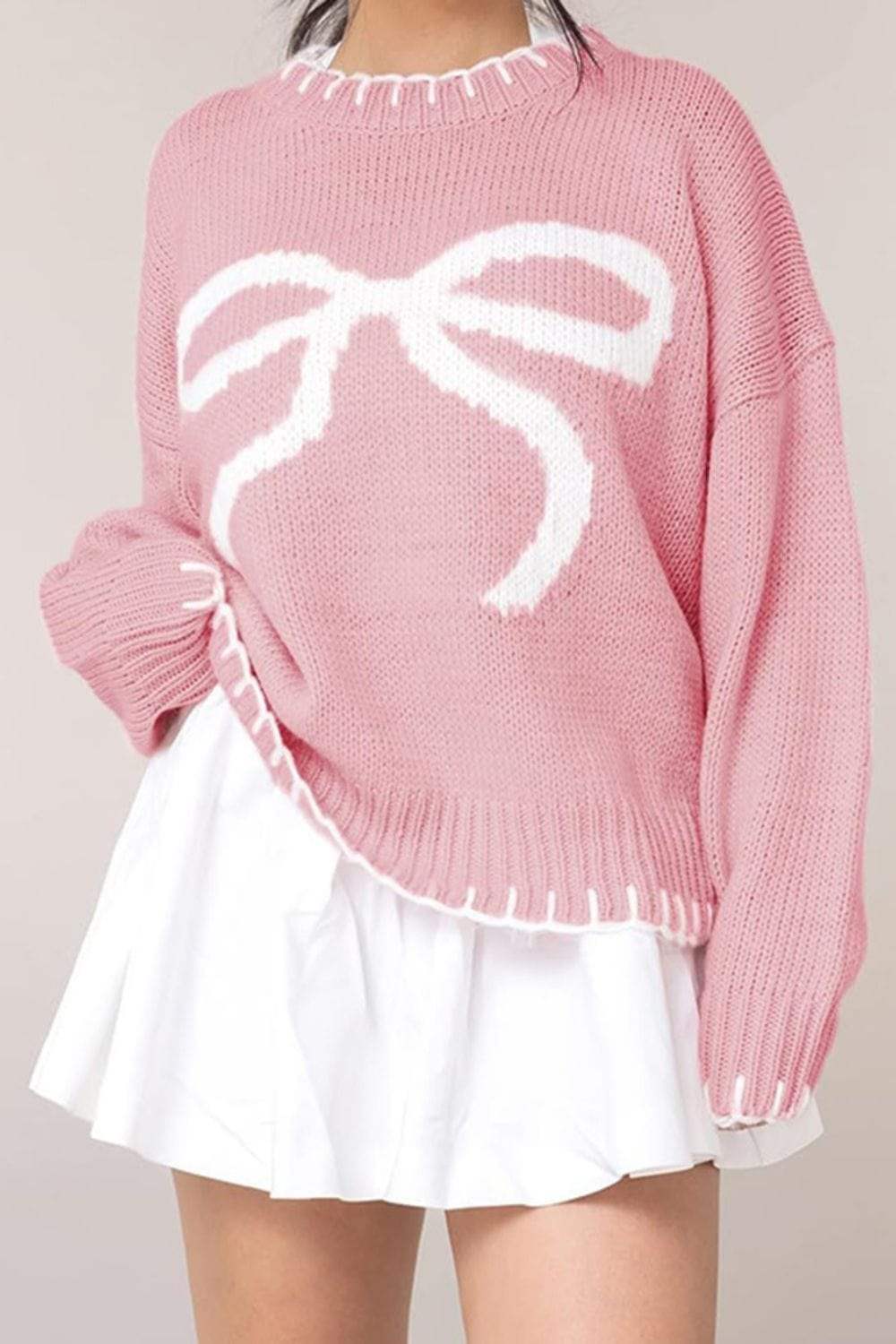Bow Graphic Round Neck Long Sleeve Sweater - Trendsi - Flyclothing LLC