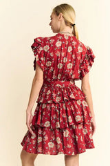 Davi & Dani Ruffle Flutter Sleeve Tie Belt Tiered Mini Dress - Trendsi - Flyclothing LLC