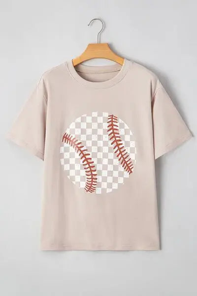 Contrast Checkered Baseball Graphic Round Neck Short Sleeve T-Shirt - Trendsi - Flyclothing LLC