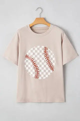 Contrast Checkered Baseball Graphic Round Neck Short Sleeve T-Shirt - Trendsi - Flyclothing LLC