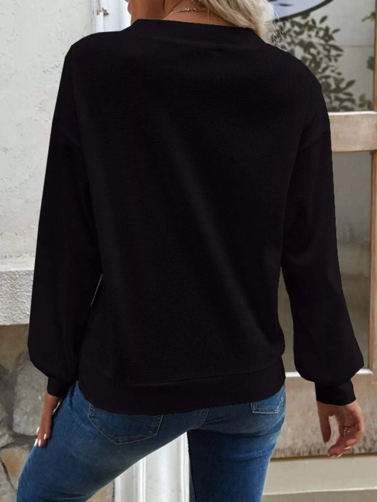 Casual V-Neck Waffle Long Sleeve Top - Trendsi - Flyclothing LLC