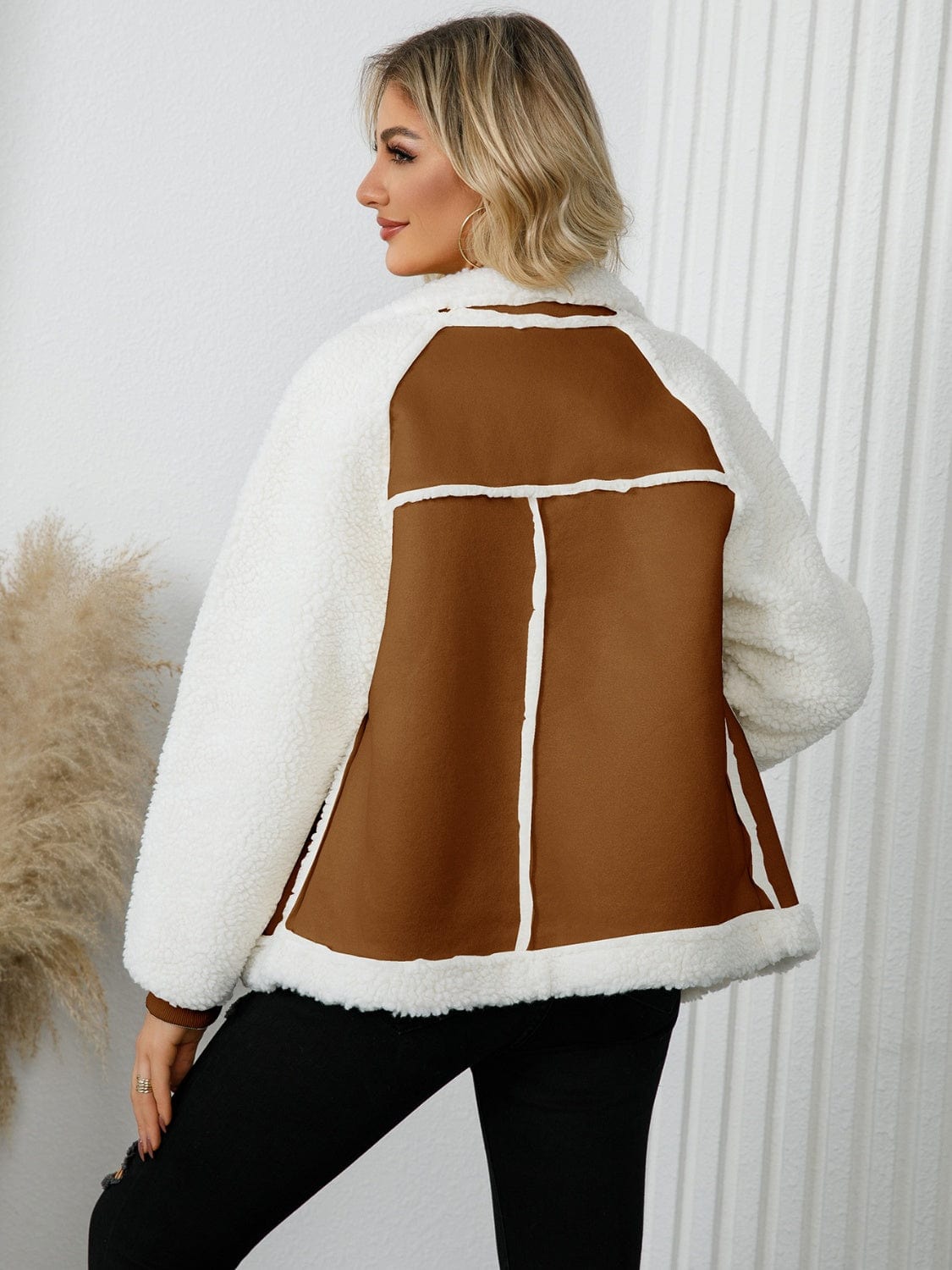 Pocketed Sherpa Zip Up Long Sleeve Jacket - Trendsi