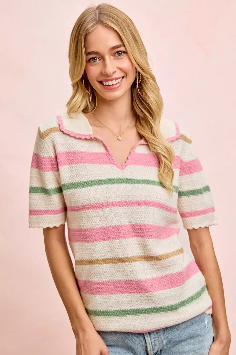 BiBi Multi Colors Stripes Collared Knit Top - Trendsi - Flyclothing LLC
