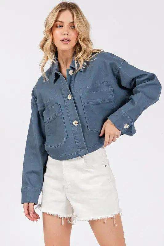 bytos Button Down Cropped Denim Jacket with Patch Pockets - Trendsi - Flyclothing LLC