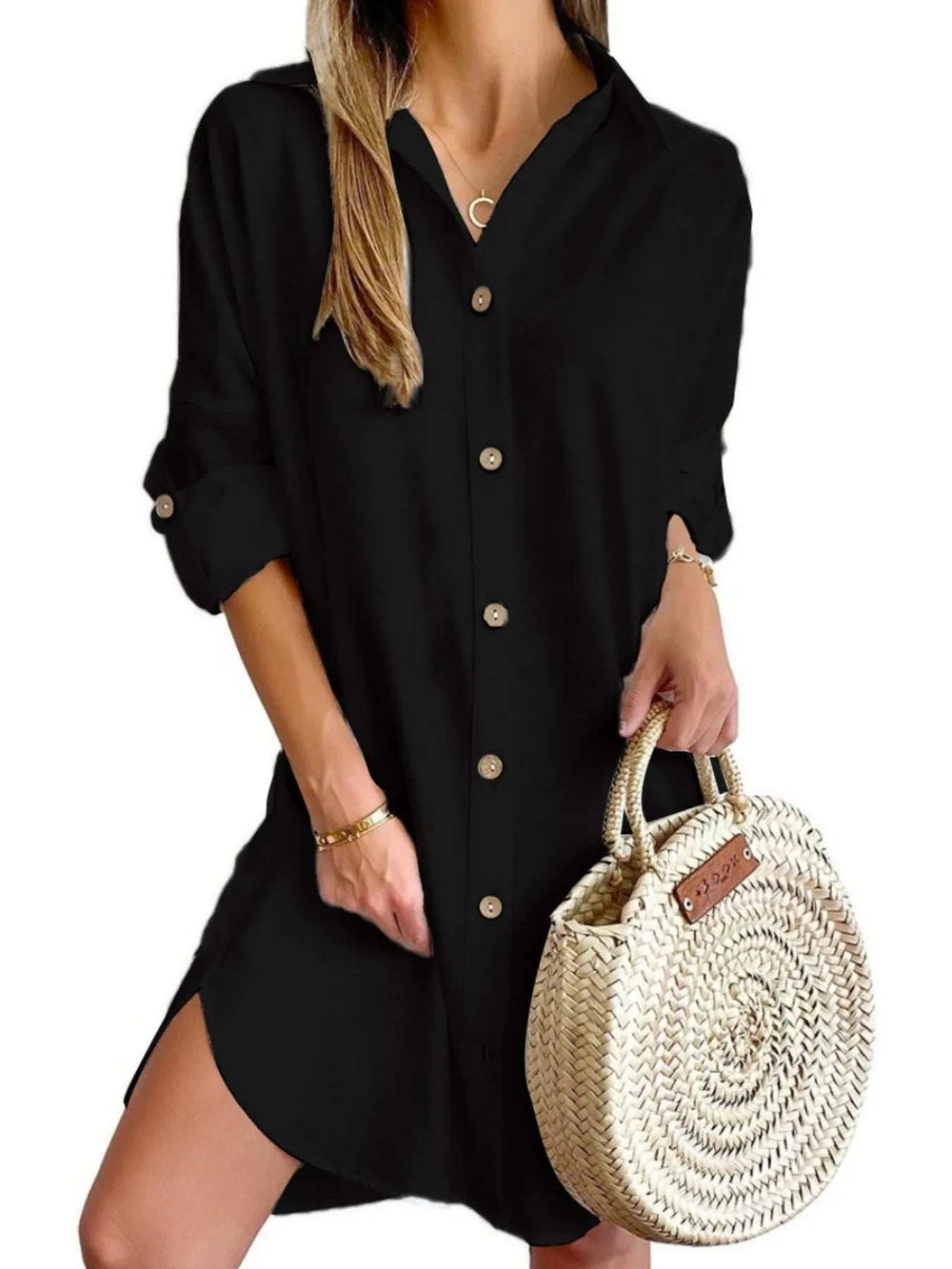 Button Down Long Sleeve Shirt Dress - Trendsi - Flyclothing LLC