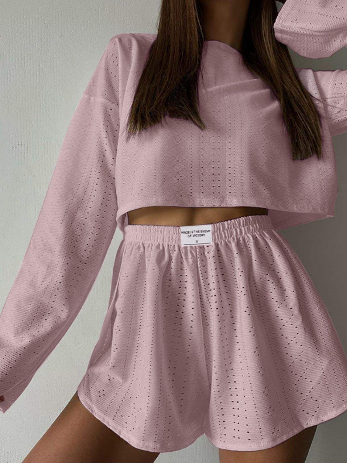 Eyelet Round Neck Top and Shorts Set - Trendsi - Flyclothing LLC
