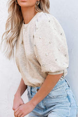 Rhinestone Pearl Detail Round Neck Puff Sleeve Top - Trendsi - Flyclothing LLC