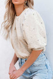 Rhinestone Pearl Detail Round Neck Puff Sleeve Top - Trendsi - Flyclothing LLC