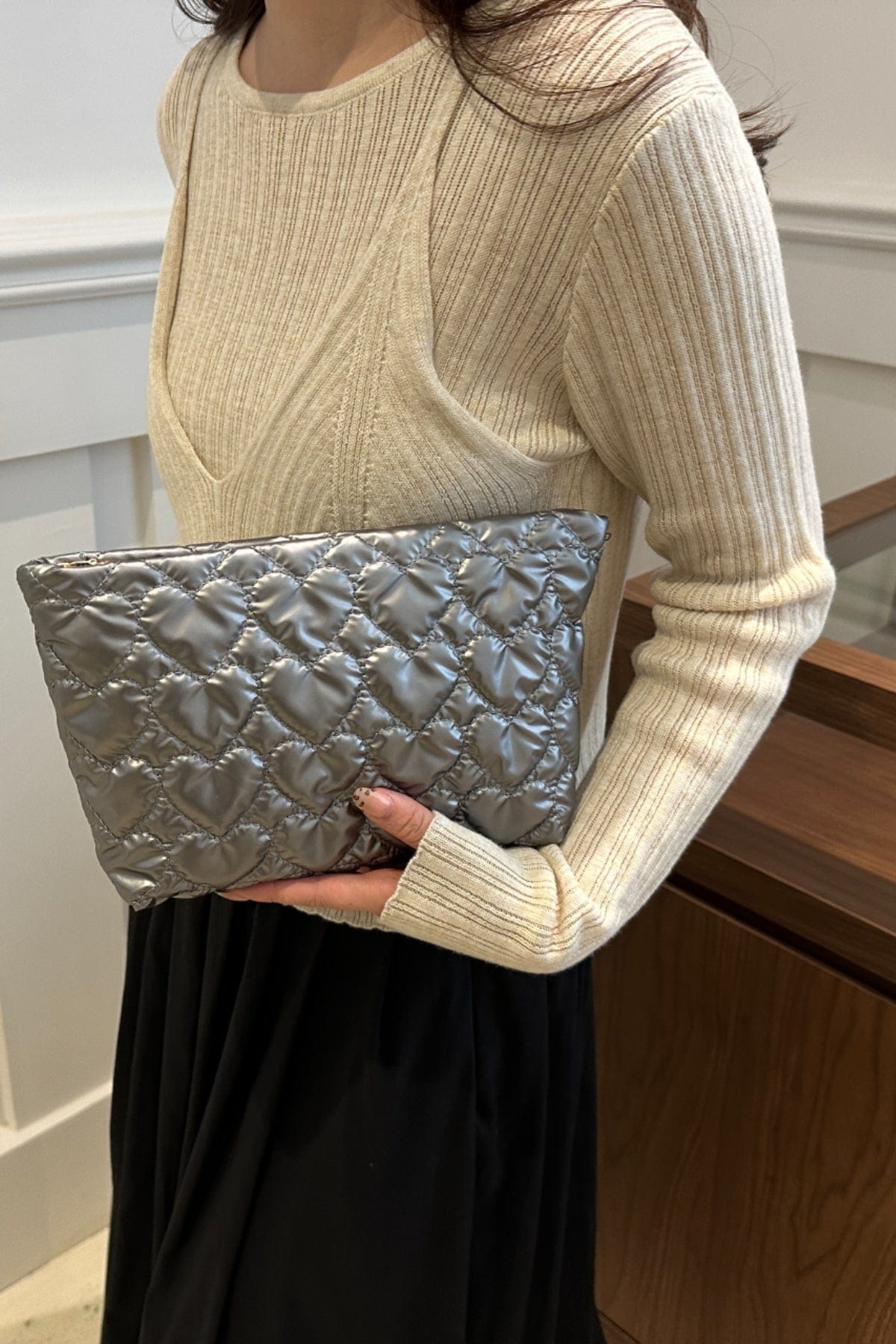 Ruched Heart Clutch with Zipper - Trendsi