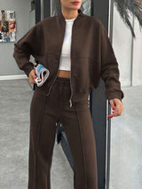 Baseball Collar Zip Up Outerwear and Drawstring Pants Set - Trendsi - Flyclothing LLC