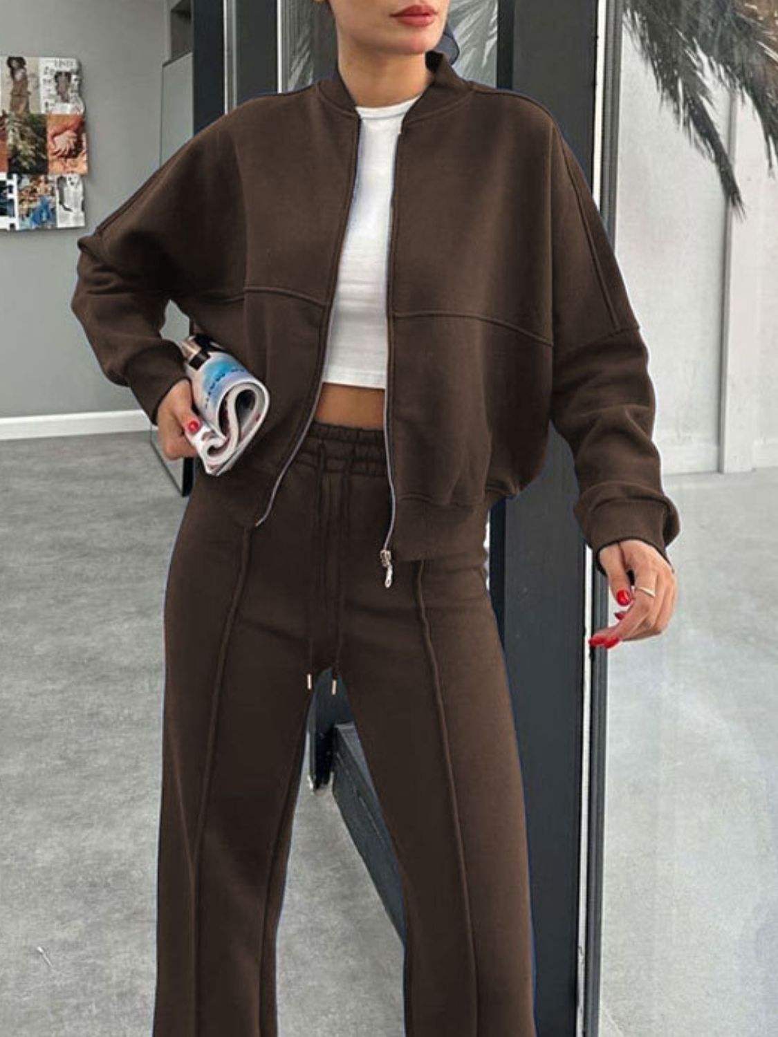 Baseball Collar Zip Up Outerwear and Drawstring Pants Set - Trendsi - Flyclothing LLC