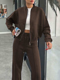 Baseball Collar Zip Up Outerwear and Drawstring Pants Set - Trendsi - Flyclothing LLC