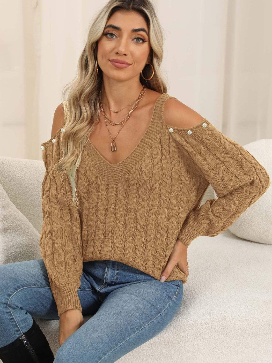 Cable-Knit Cold Shoulder Sweater - Trendsi - Flyclothing LLC