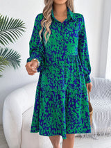 Printed Collared Neck Long Sleeve Dress - Trendsi - Flyclothing LLC