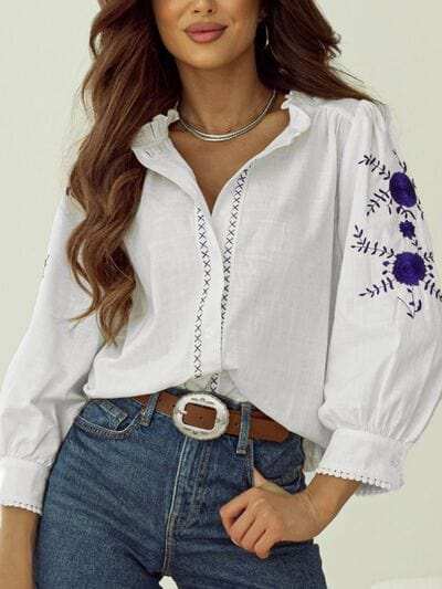 Frill Floral Embroidered Sleeve Shirt - Trendsi - Flyclothing LLC