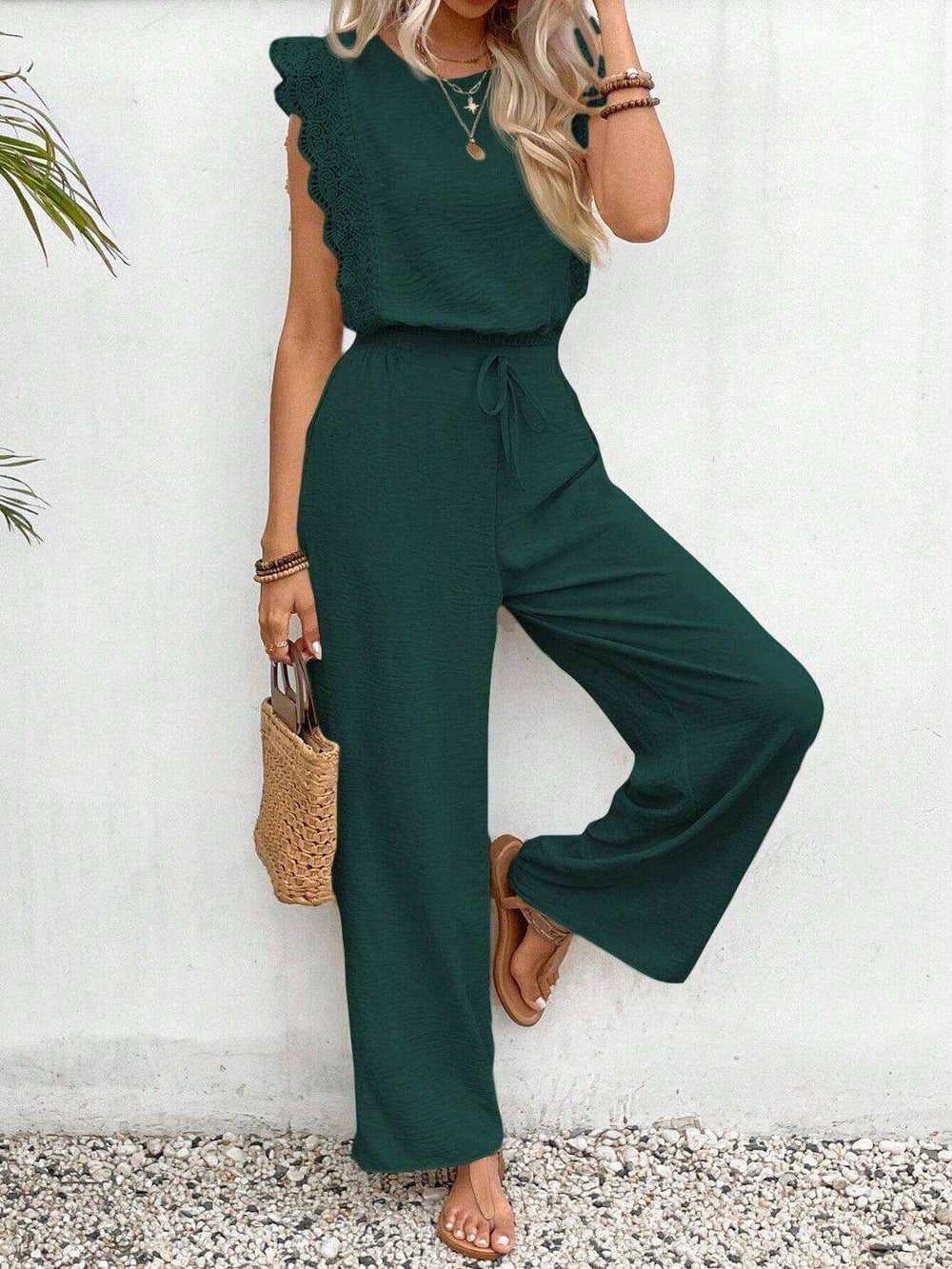 Lace Trim Round Neck Top and Pants Set - Trendsi - Flyclothing LLC