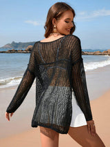 Openwork Slit Boat Neck Long Sleeve Cover-Up - Trendsi - Flyclothing LLC