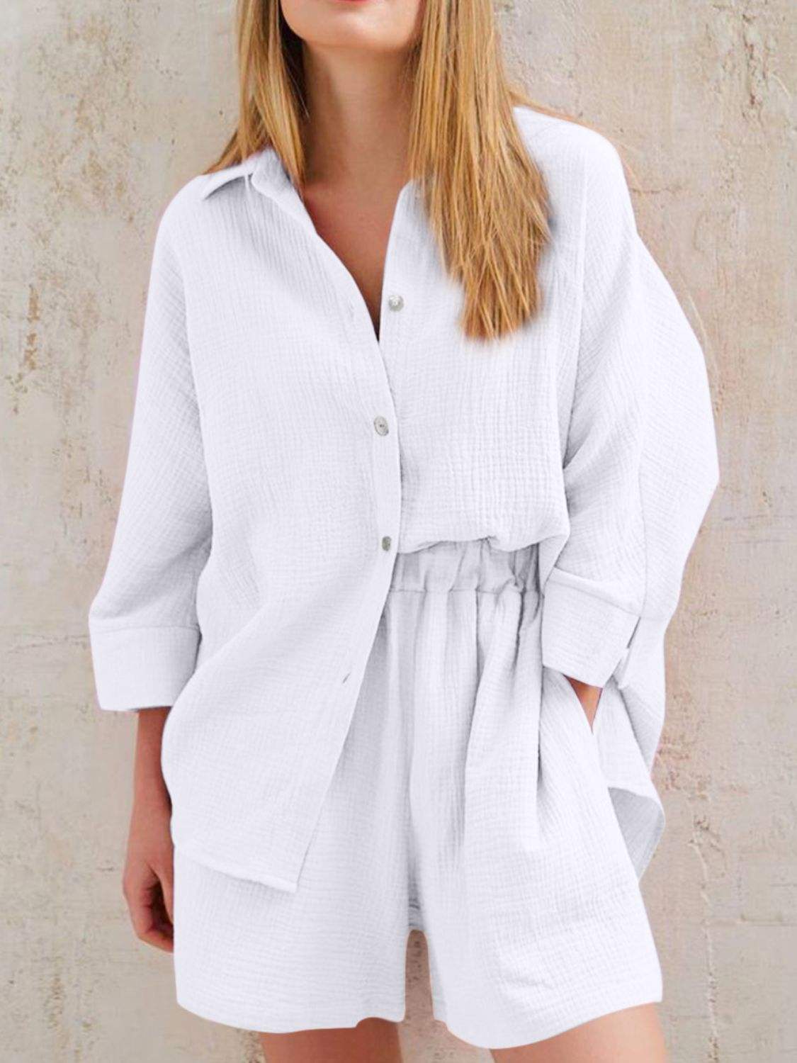 Texture Button Up Shirt and Shorts Set - Trendsi - Flyclothing LLC