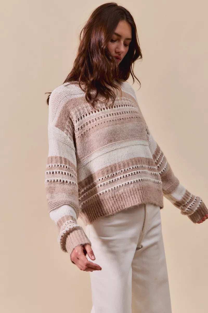 SO ME Variegated Stripe Textured Loose Fit Sweater - Trendsi - Flyclothing LLC