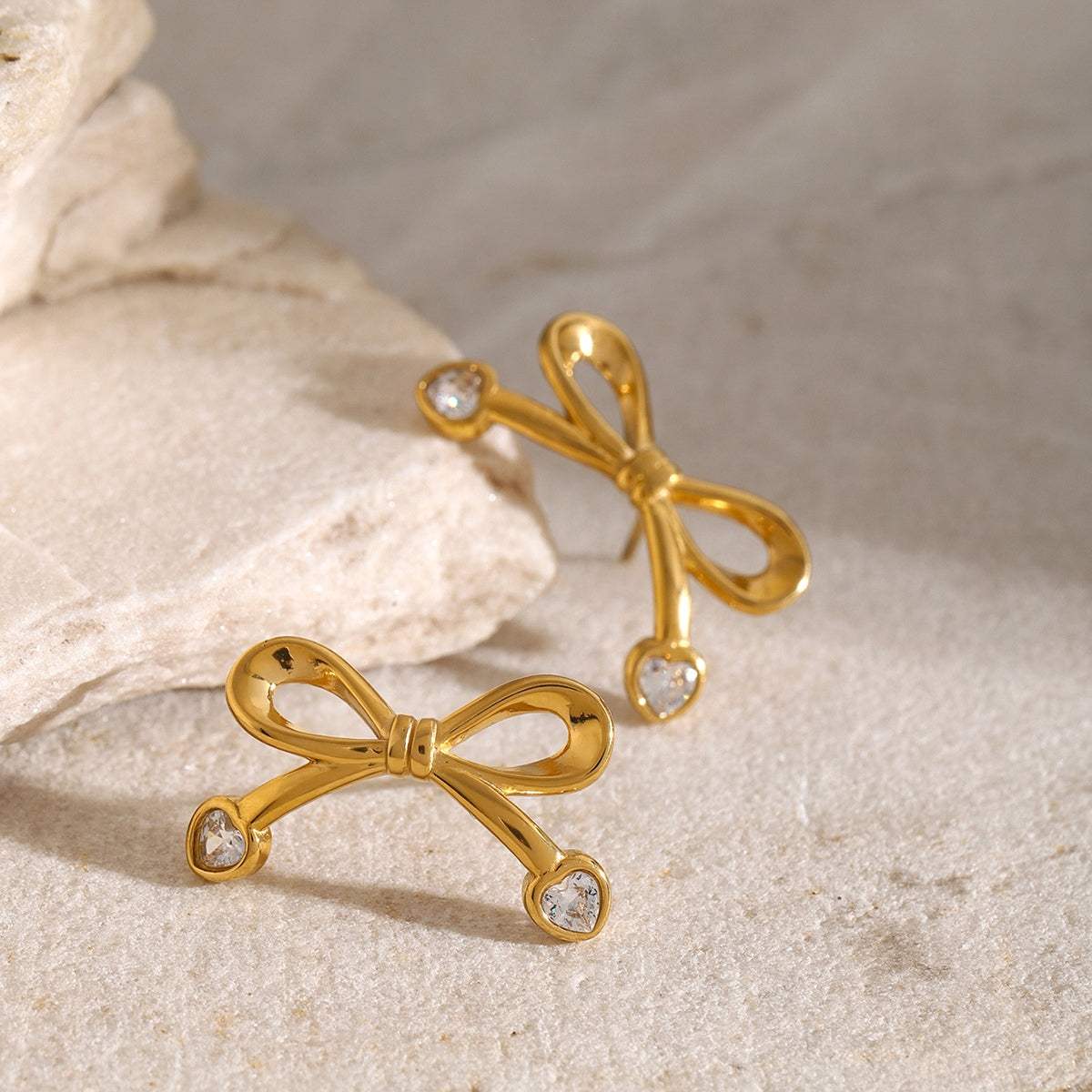 Stainless Steel Inlaid Zircon Bow Earrings - Trendsi - Flyclothing LLC