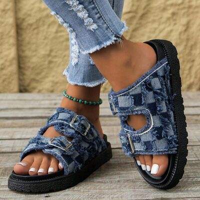 Raw Edge Checkered Cloth Buckle Sandals - Trendsi - Flyclothing LLC