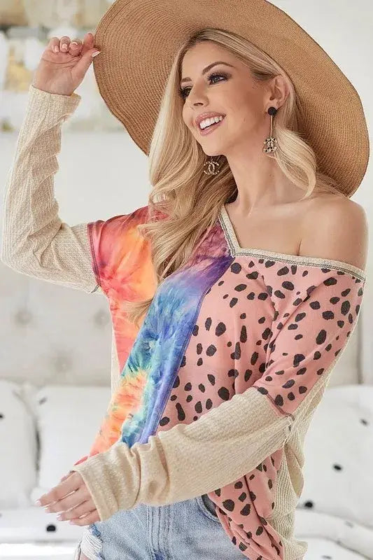 BiBi Print Block V Neck Top with Contrast Stitching - Trendsi - Flyclothing LLC