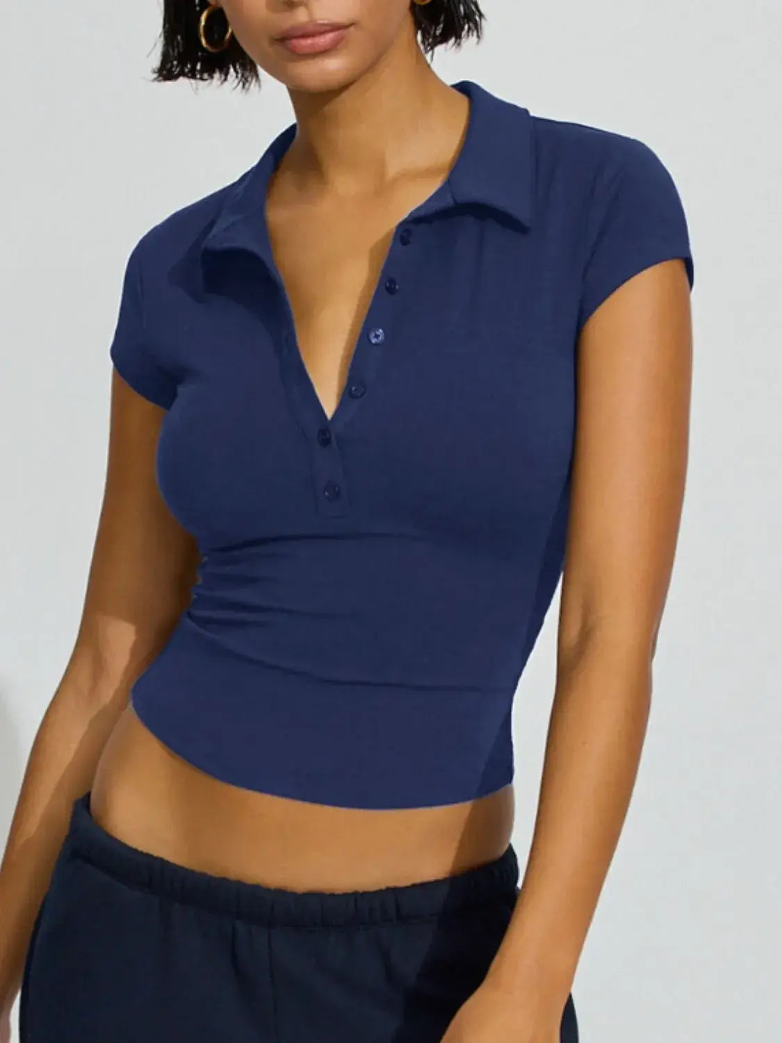 Collared Neck Short Sleeve Top - Trendsi - Flyclothing LLC