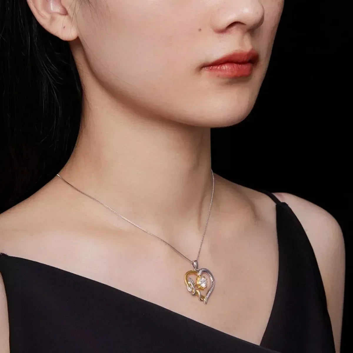 1 Carat Two Tone Heart-Shaped Pendant Necklace - Trendsi - Flyclothing LLC