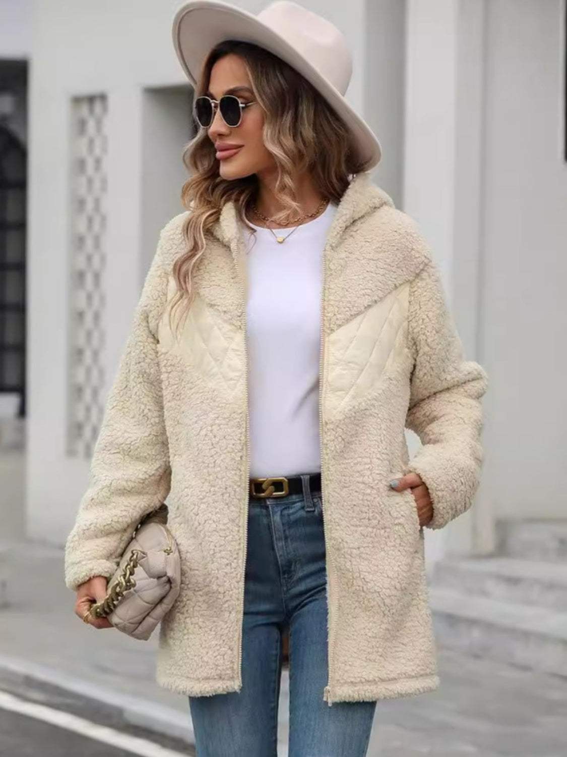Fuzzy Zip Up Long Sleeve Hooded Jacket - Trendsi - Flyclothing LLC