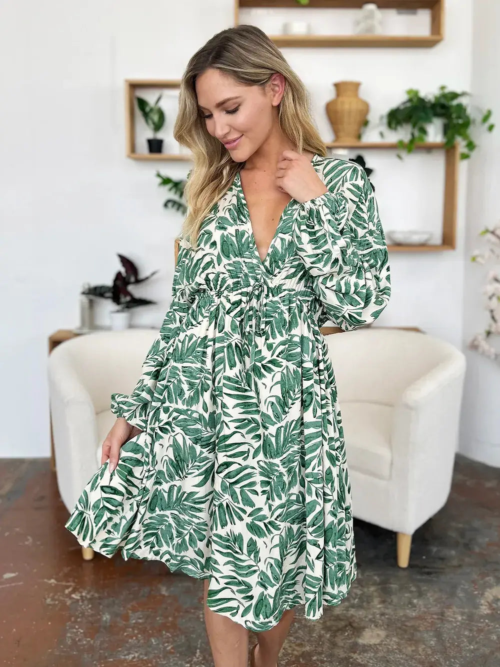 Double Take Full Size Printed Ruched Balloon Sleeve Dress - Trendsi - Flyclothing LLC