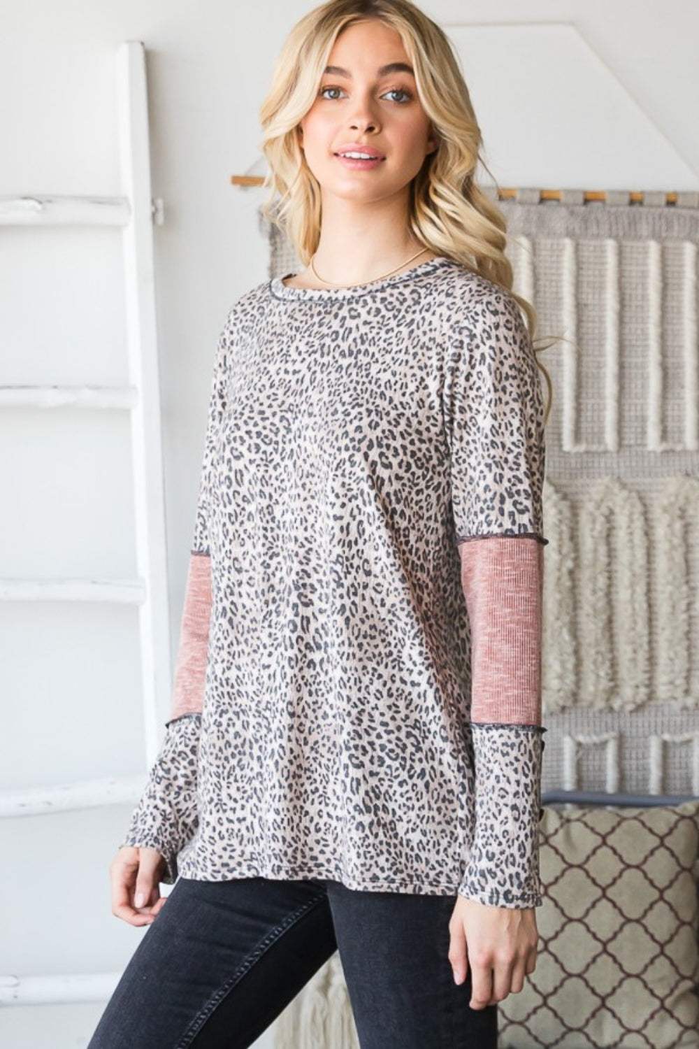 Heimish Full Size Leopard Exposed Seam Contrast T-Shirt - Trendsi - Flyclothing LLC