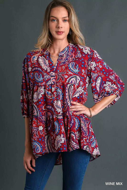 Umgee Mix Paisley Boho Tunic Blouse - Trendsi - Flyclothing LLC