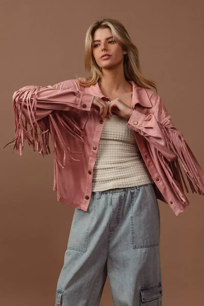 BiBi Suede Fringe Long Sleeve Jacket - Trendsi - Flyclothing LLC