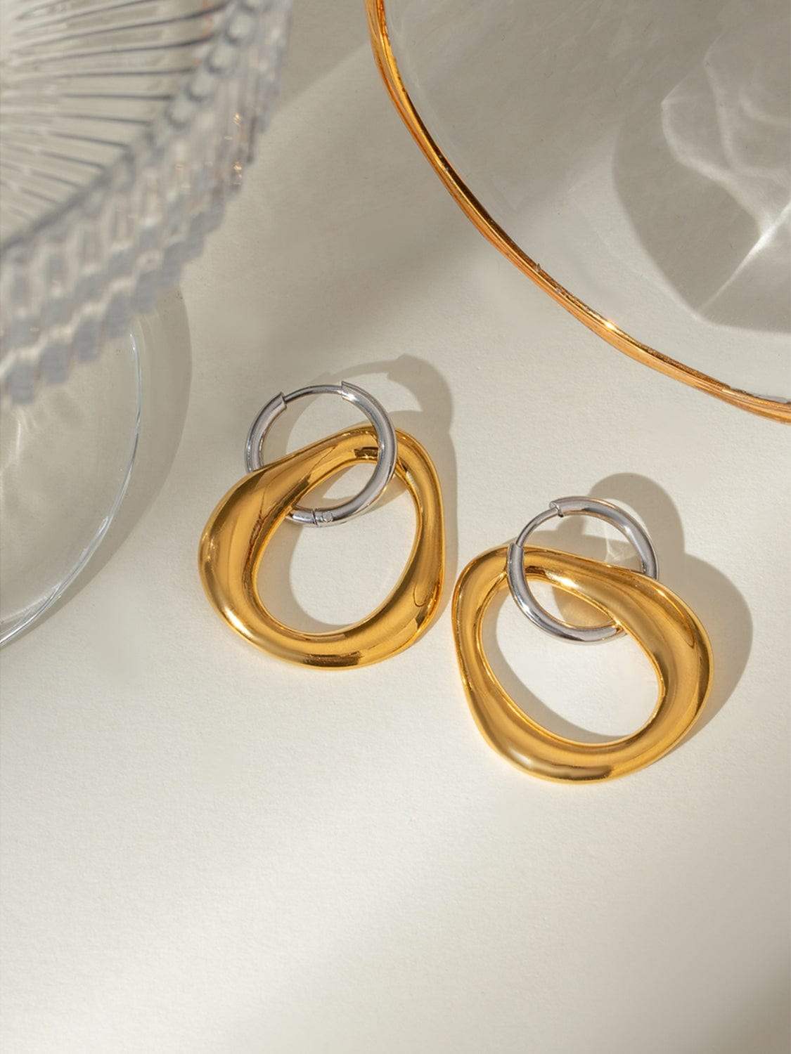 18K Gold-Plated Stainless Steel Contrast Asymmetrical Earrings - Trendsi - Flyclothing LLC