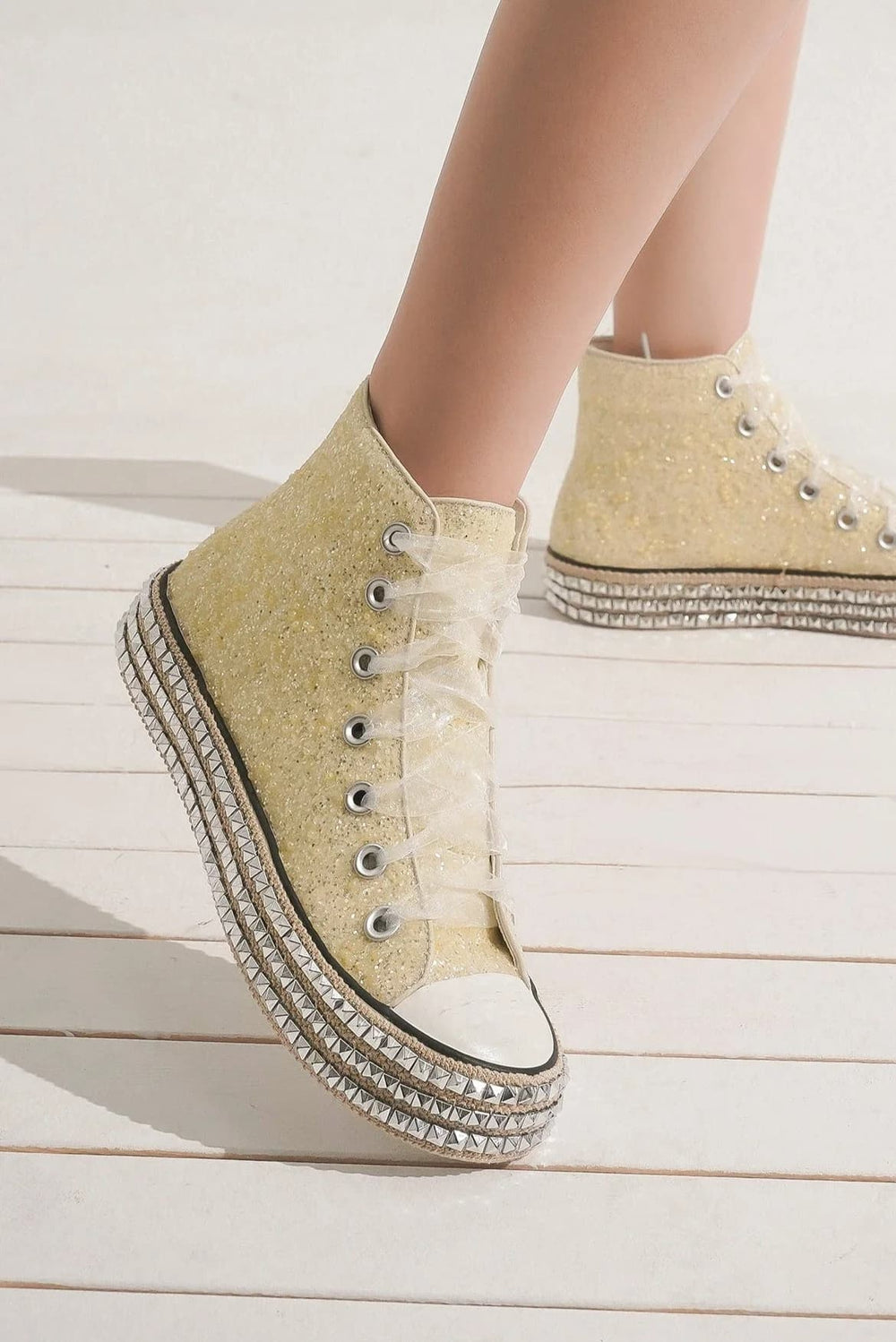 Beast Fashion Glitter Lace-Up Studded Platform Sneakers - Trendsi