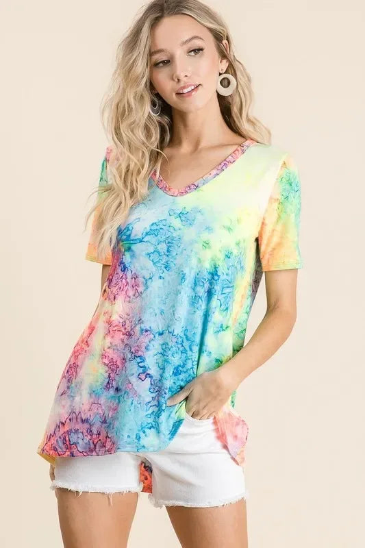 BiBi Tie Dye Print Jersey V Neck Top - Trendsi - Flyclothing LLC